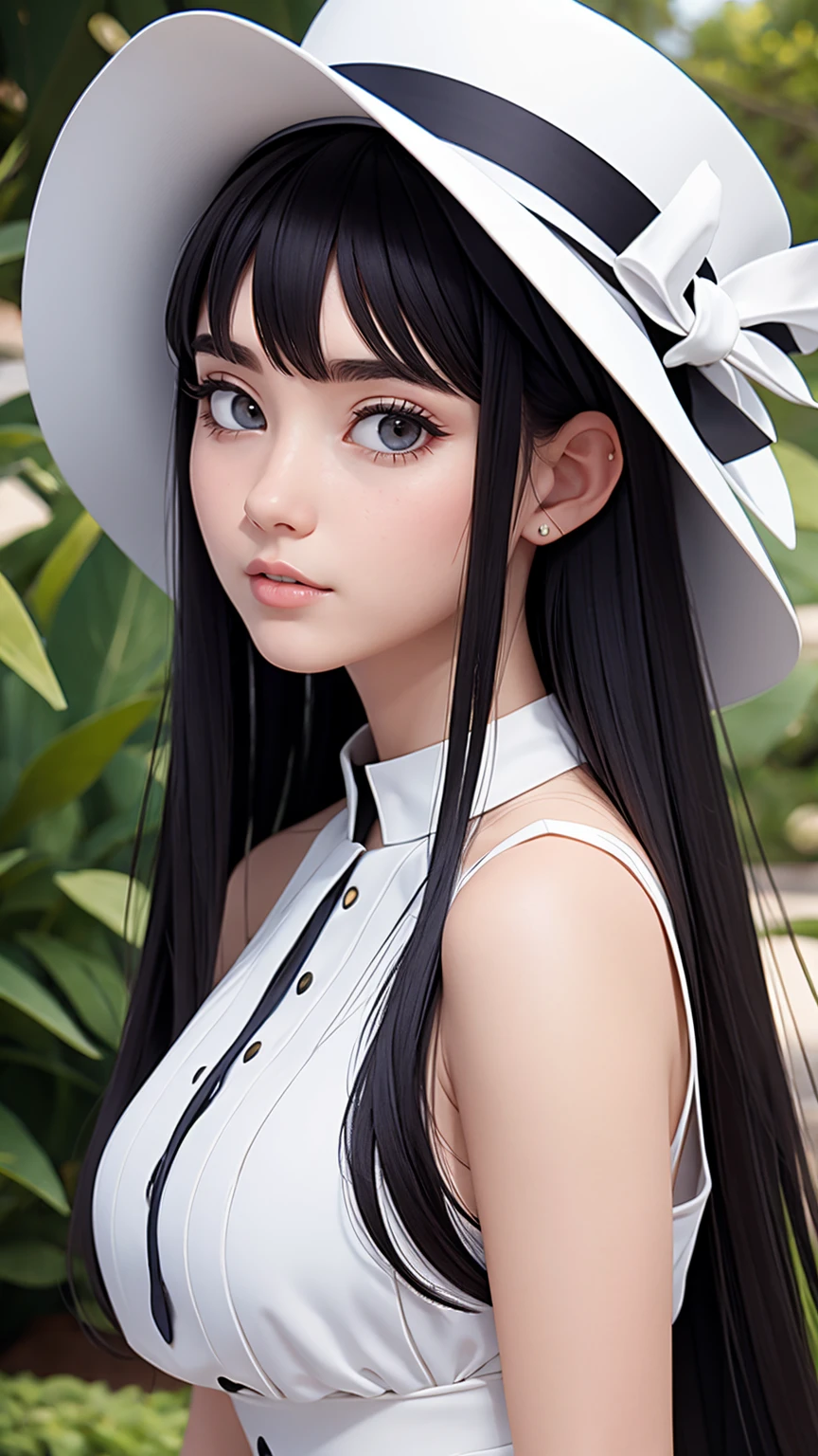 (best quality, masterpiece, perfect face) black hair, 18 years old pale girl, big bust, white sundress, big white hat