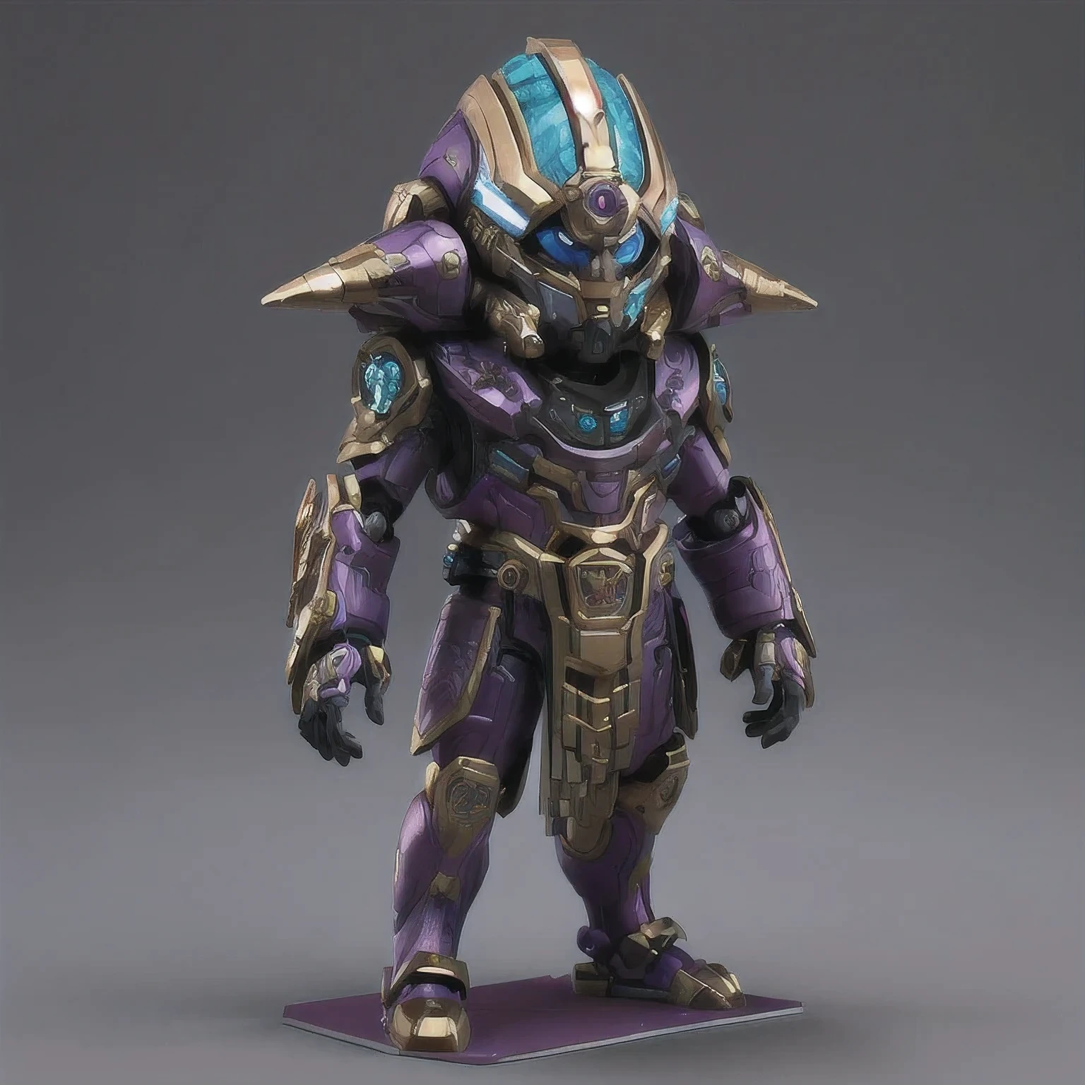 a close up of a toy figure of a purple and gold robot, hyperdetailed fantasy character, scifi character render, detailed humanoid, starfinder character, scifi character, sci - fi character, humanoid character, highly detailed character, colored zbrush render, 3 d render character art 8 k, alien armor, safi'jiiva armor, marmoset render