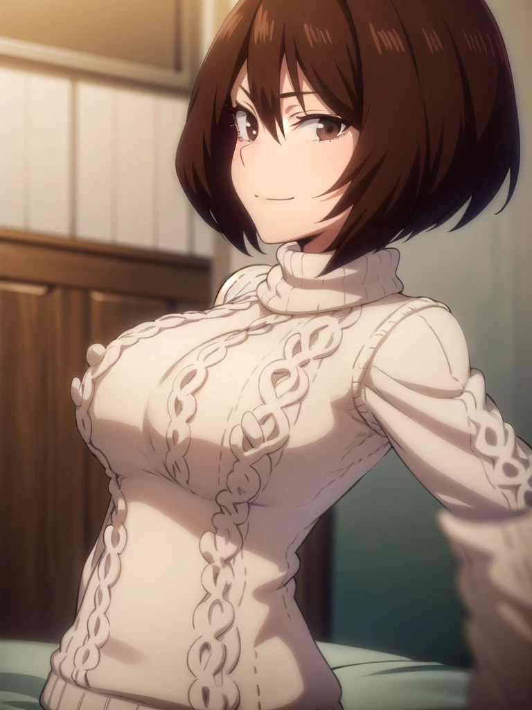 sideboob,show off nipples,large breasts,shinososaki, shino sosaki, short hair, brown hair, hair between eyes, (brown eyes:1.5), smile,
virgin killer sweater, (white sweater:1.5), long sleeves, turtleneck, 
BREAK indoors, bed,
BREAK looking at viewer, (cowboy shot:1.5),
BREAK (masterpiece:1.2), best quality, high resolution, unity 8k wallpaper, (illustration:0.8), (beautiful detailed eyes:1.6), extremely detailed face, perfect lighting, extremely detailed CG, (perfect hands, perfect anatomy),