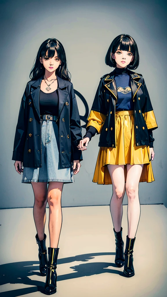 2girls, twins, short wavy navy blue hair, golden yellow glowing eyes, wearing black tube top, navy blue trench coat, navy blue long denim skirt, golden boots, sleeve tattoo, river, absurdres, high res, ultra sharp, 8k, masterpiece, looking at viewer