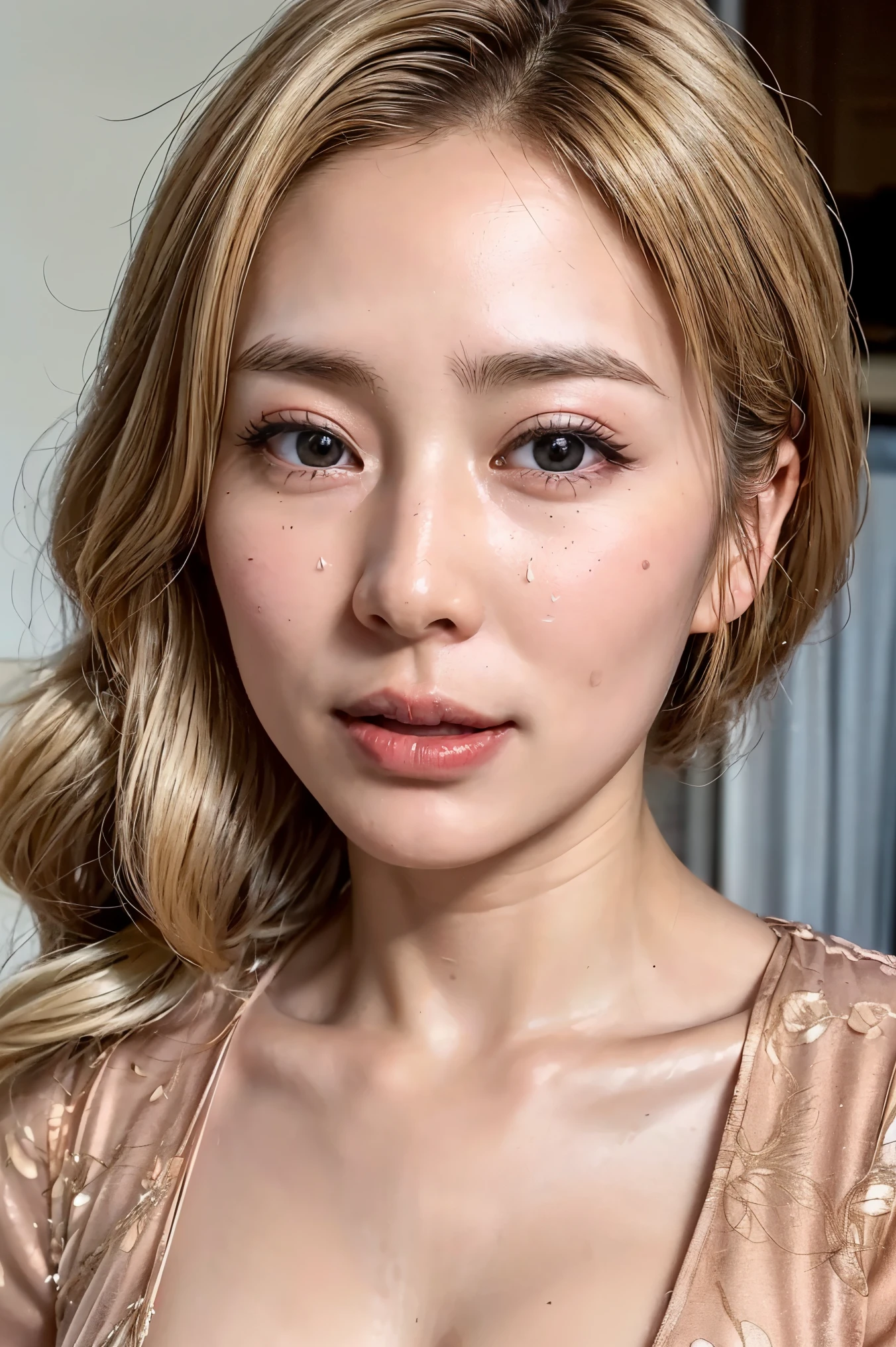 (Realistic:1.3、Ultra HD、Ultra-high resolution、8K、Japanese Housewife、寝室で???????チオをするMature Woman、At the bed)、((Look Viewer:1.8))、(Extremely realistic skin texture:1.4)、(Realistic:1.3)、short hair、((Embarrassed expression:1.5))、(blonde:1.5)、48-year-old woman、Mature Woman、Ponytail Hairstyles、(Brown eyes:1.3)、(Face close-up:1.38)、(Sweaty:1.2)、(Nipplesを見せる)、((衣服から突き出たNipples,))、dress、美しいNipples、Nipples、(Shooting from the side:1.1)、Drooling、((???????、??? in mouth、???????))