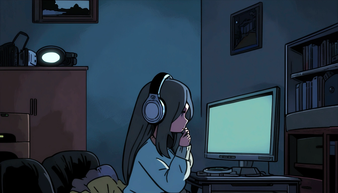 Girl listening to music in a cozy room at night, Wear headphones, anime 2D style, they be, Hard disk, dark surroundings
