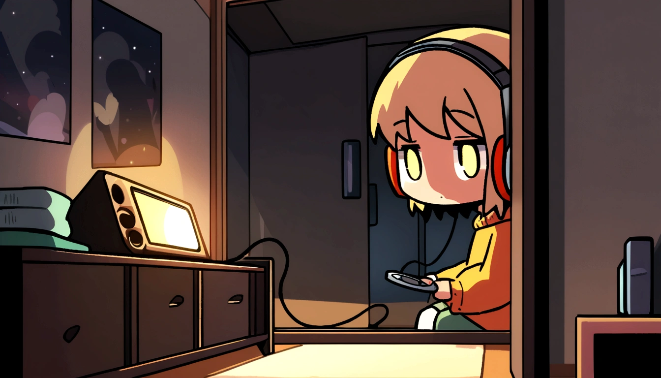 Girl listening to music in a cozy room at night, Wear headphones, anime 2D style, they be, Hard disk, dark surroundings