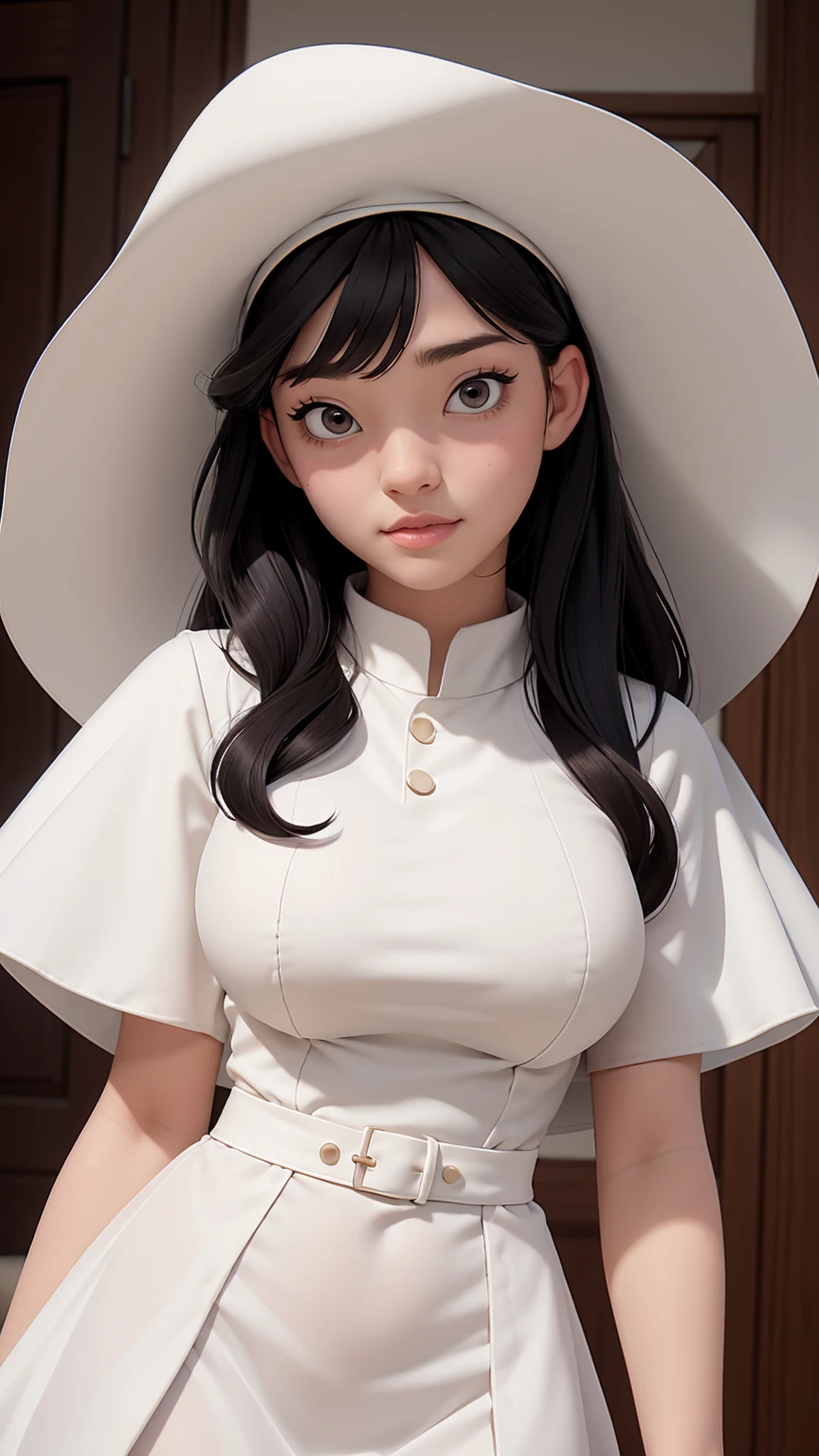 (best quality, masterpiece, perfect face) black hair, 18 years old pale girl, big bust, white sundress, big white hat
