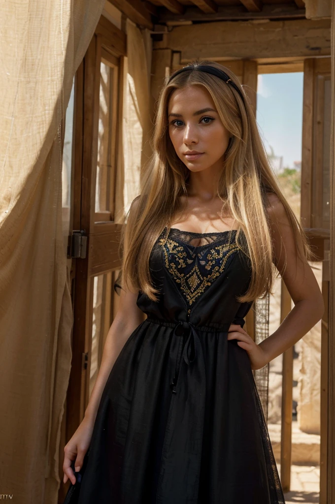 a beautiful blonde woman, beautiful golden blonde hair, detailed eyes, beautiful detailed lips, extremely detailed face, long eyelashes, in the country of Egypt, wearing a long black arab dress which goes to her feet, (best quality,4k,8k,highres,masterpiece:1.2),ultra-detailed,(realistic,photorealistic,photo-realistic:1.37),HDR,UHD,ultra-fine painting,sharp focus,physically-based rendering,extreme detail description,professional,vivid colors,bokeh,portrait, vue sur les pyramides en arrière plan, photo prise par un photographe, le cheveux porter par le vent, les mains derrière le dos