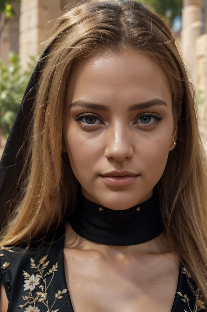 a beautiful blonde woman, beautiful golden blonde hair, detailed eyes, beautiful detailed lips, extremely detailed face, long eyelashes, in the country of Egypt, wearing a long black arab dress which goes to her feet, (best quality,4k,8k,highres,masterpiece:1.2),ultra-detailed,(realistic,photorealistic,photo-realistic:1.37),HDR,UHD,ultra-fine painting,sharp focus,physically-based rendering,extreme detail description,professional,vivid colors,bokeh,portrait, vue sur les pyramides en arrière plan, photo prise par un photographe, le cheveux porter par le vent, les mains derrière le dos