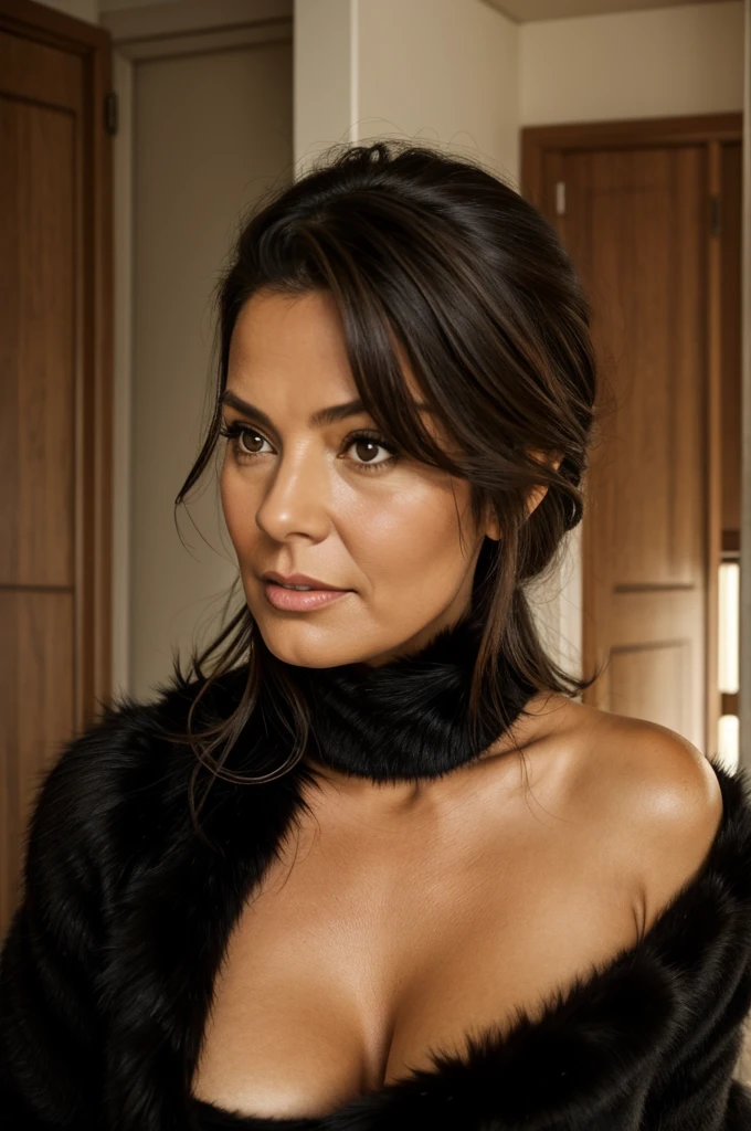 1 girl in, age 40 , Alone, wide, colossal , looking at the viewer, black fur, bare shoulders, Brown eyes, joya, whole body,  off the shoulders, red sweaters, realist, a sexy