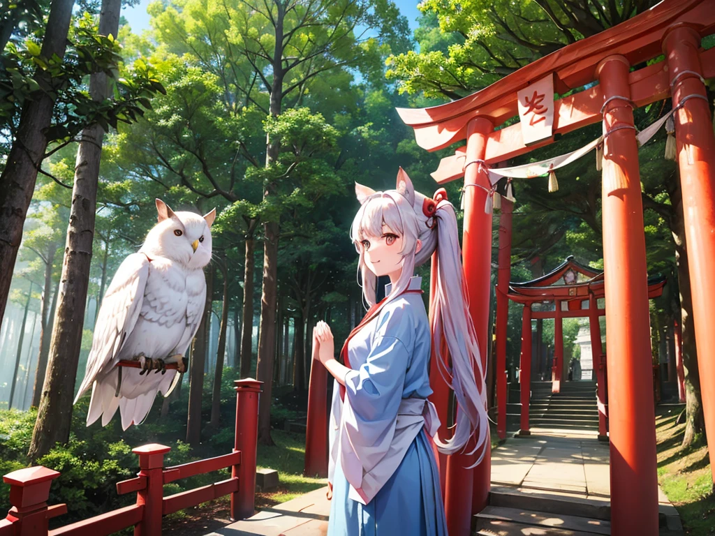 Squirrels and rabbits、white owl flying、Light blue long hair、Beautiful girl with twin tails、Red Torii Gate、A girl prays at a shrine in a forest of fresh greenery,The girl is depicted large in the center、Bright smile、blue sky、Fushimi Inari Shrine、Many torii gates、