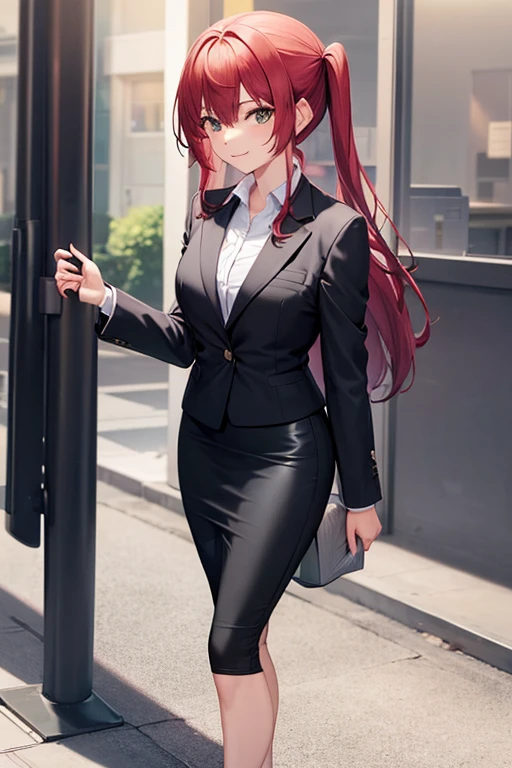1girl, ikuyo kita, woman, office, suit, office lady, black skirt, black blazer, tight pencil skirt, skirt suit, maxi length skirt, pink shirt, collared shirt, long hair, looking at viewer, full body, smile, legs spread, standing
