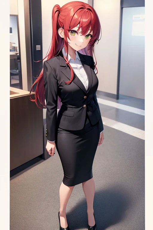 1girl, ikuyo kita, woman, office, suit, office lady, black skirt, black blazer, tight pencil skirt, skirt suit, maxi length skirt, pink shirt, collared shirt, long hair, looking at viewer, full body, smile, legs spread, standing