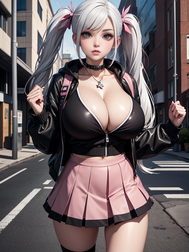 (((of the highest quality: 1.4))),(unparalleled masterpiece ever), (Ultra high definition),(Ultra-realistic 8K CG), offcial art、 (((adult body, accentuated super huge enormously gigantic tits, cleavage showing))), (((1girl in))), ((( very long hair in pigtails ))), Punk girl with a perfect body, school girl uniform school girl skirt and backpack with lots of straps buckles and zippers,Beautiful and well-groomed face,Fancy makeup,Detailed punk fashion,school girl uniform and school girl skirt, (Image from head to thigh),((Platinum white hair )), Harajuku-inspired hooded jacket, Simon Bisley's urban savage style,Detailed street background of school classroom,Clean abs, Complex graphics, dark pink with white stars and gray and white stripeany poisonous tattoos )), piercings,