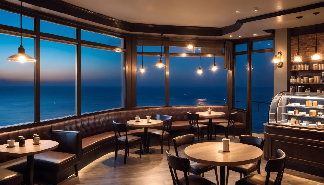 At night frontal shot coffee shop  interior over seas classy tables  with coffee cups and big bay window in the center