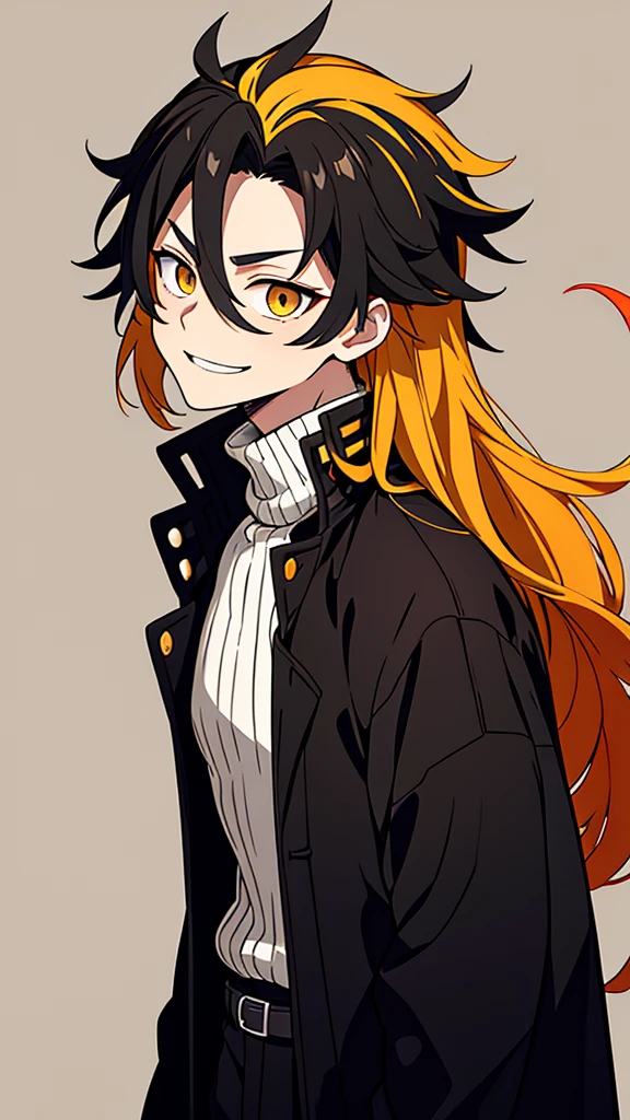 taisho period Japan man, dark aesthetic, darkwave aesthetic, grunge aesthetic, eerie moorlands behind him, dark aesthetics, eerie thriller aesthetic, dark and moody aesthetic, ominous, bright yellow hair, bright orange eyes, wolfcut, Kyojuro Rengoku, white turtleneck sweater, demon slayer, kimetsu no yaiba, confident expression, long hair, black open jacket, solo, reference art, 20-year-old male, black open trench coat, yellow long flowy hair, stubble, 30-year-old male, smile, white turtleneck
