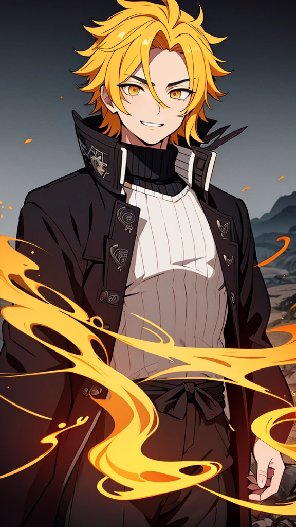 taisho period Japan man, dark aesthetic, darkwave aesthetic, grunge aesthetic, eerie moorlands behind him, dark aesthetics, eerie thriller aesthetic, dark and moody aesthetic, ominous, bright yellow hair, bright orange eyes, wolfcut, Kyojuro Rengoku, white turtleneck sweater, demon slayer, kimetsu no yaiba, confident expression, long hair, black open jacket, solo, reference art, 20-year-old male, black open trench coat, yellow long flowy hair, stubble, 30-year-old male, smile, white turtleneck