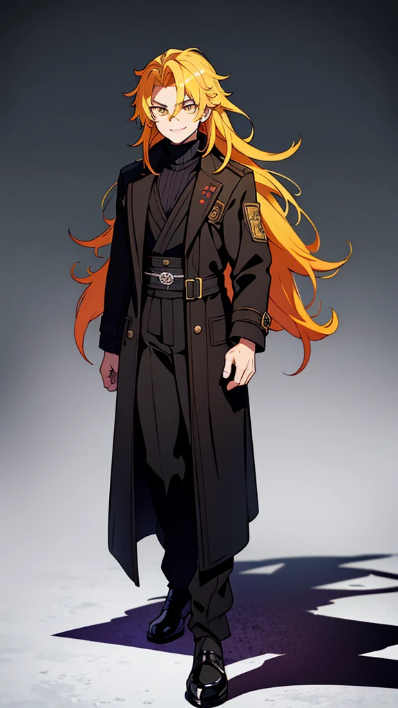taisho period Japan man, dark aesthetic, darkwave aesthetic, grunge aesthetic, eerie moorlands behind him, dark aesthetics, eerie thriller aesthetic, dark and moody aesthetic, ominous, bright yellow hair, bright orange eyes, wolfcut, Kyojuro Rengoku, white turtleneck sweater, demon slayer, kimetsu no yaiba, confident expression, long hair, black open jacket, solo, reference art, 20-year-old male, black open trench coat, yellow long flowy hair, stubble, 30-year-old male, smile, white turtleneck