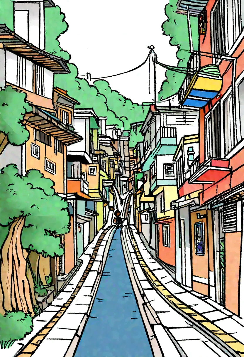 ((animated cartoon)), (panoramic illustration), 2 black children, white  shirt, jeans, on the way to school in the favela of Rio de Janeiro, digitl art, cryalism, criolism