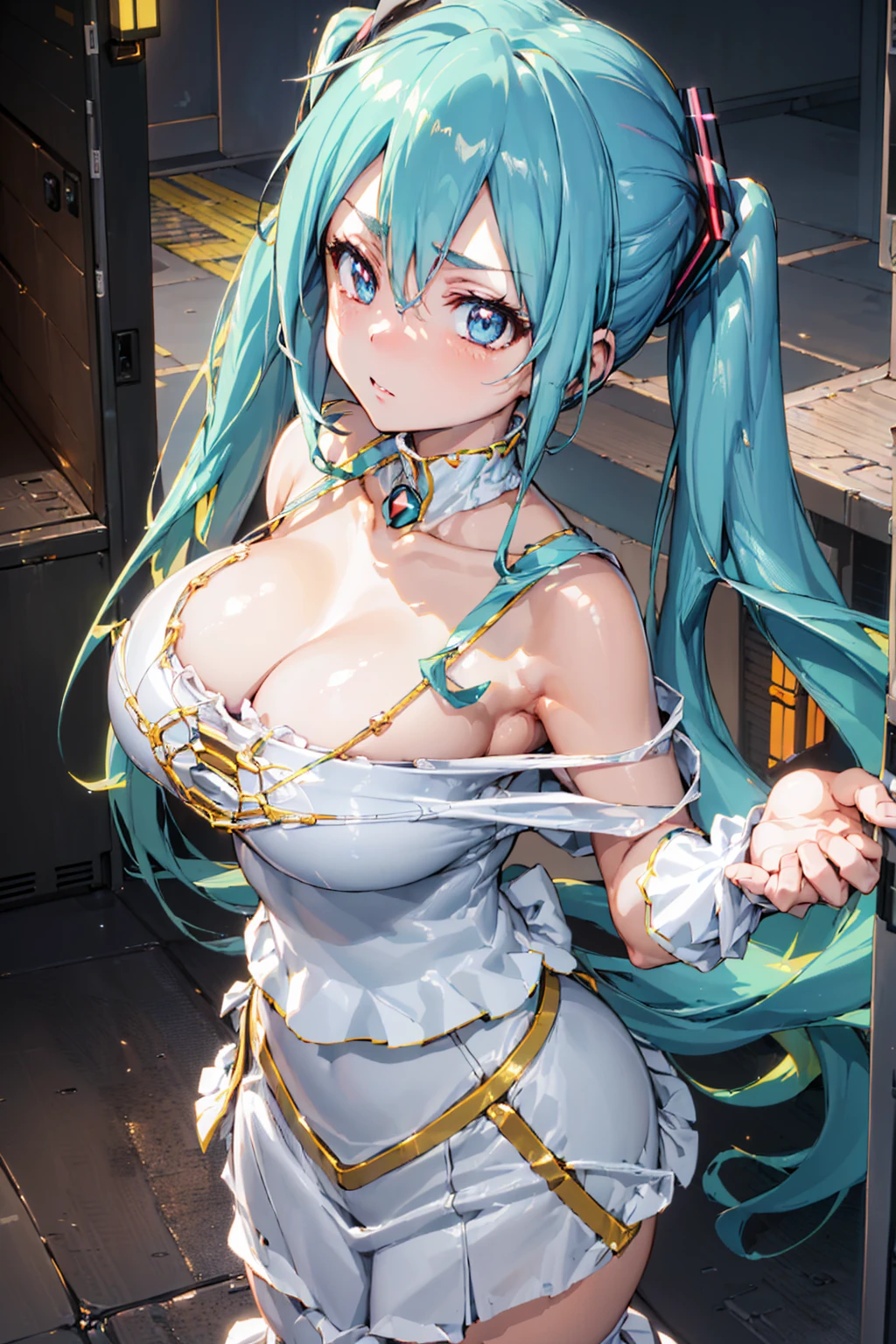 (La best quality,high resolution,Very detailed,Practical),Grande Ariana, chica anime role play, anime role play, (Hatsune Mikurole play:1.4) , foto de role play, Two white tails_Gloves, role play, Cute anime girl in beautiful clothes, anime long hair girl, Anime Goddess, role play elegante y glamoroso, Anime girl dressed as a maid more details 8K.Unreal Engine:1.4,HD,La best quality:1.4, lifelike:1.4, texture:1.4, masterpiece:1.8,masterpiece, best quality,Object], (Detailed facial features:1.3),(Correct proportions)(Facial details: 1.5, Bright blue eyes, Pretty Face, beautiful eyes, Iris Outline, Thin lips: 1.5, Thin, Pale eyebrows, long, Dark eyelashes, Double label),,  (Cowboy style), ,( Cyberpunk 2.1), (Kawaii locker room :1.4), Perfect hands: 1.5, (Perfect anatomical structure), (Tokyo night alley background:1.4) Beautiful breasts、Huge breasts:1.4