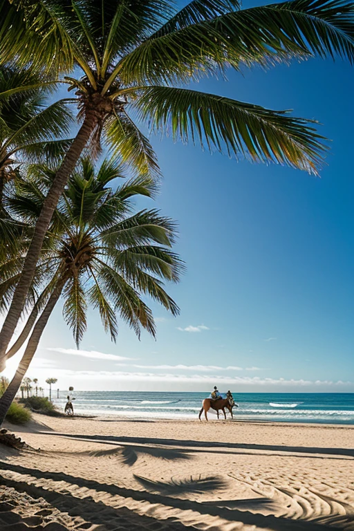 Alien green on beach, sand grains floating, mystic, riders on bikes, sun and beach far away, realistic, main character as a horse paw, oasis, palms, sands of inspiration