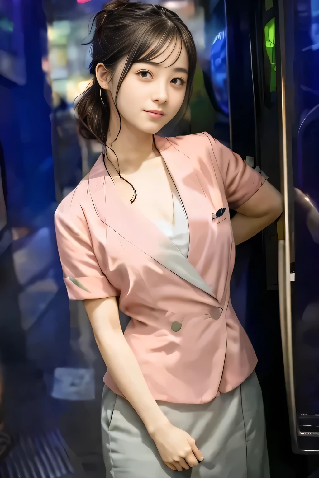 (masterpiece:1.2, Highest quality:1.2), 32k HDR, High resolution, (alone、1 Girl)、 (height: 160cm)、(On the roof of a building in the daytime、Professional Lighting)、Building rooftop background、(Nankai train crew uniform pinkを着たリアルスタイル)、(Nankai Railway crew uniform, pink, short sleeve, collarless, pink jacket、Nankai Railway crew uniform pink no-collar short-sleeve blouse、Nankai Railway crew uniform, pink grey, knee-length culottes)、(A pink jacket peeks out from under the culottes.)、Dark brown hair、(Hair tied up、Hair tied up、Evening curly hairstyles)、Dark brown hair、Long Shot、Big Breasts、Thin legs、((Great hands:2.0)),((Harmonious body proportions:1.5)),((Normal limbs:2.0)),((Normal finger:2.0)),((Delicate eyes:2.0)),((Normal eyes:2.0)))、smile、(Nankai Railway crew uniform, pink grey, knee-length culottesを見せた美しい歩く姿)、Place your hands around your stomach、Strap Employee ID Card