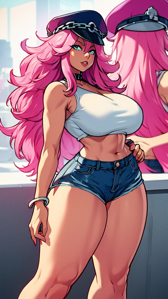 long hair, Pink, white top, short jeans, linda, police hat, belly showing, thick thighs