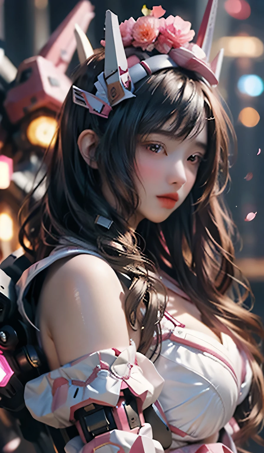 best quality, masterpiece, Ultra-high resolution, (Realistic:1.5), original photo, 1 girl,versace Off-shoulder Kimono Mecha Paladin Future Armor, in the darkness, Deep shadows, Low profile, Cold Light, sexy look, long hair,Mix Girl,Yinglaite, Half-length photo,NSFW, warm lights, dramatic light, (intricate details:1.1), complex background, (rutkowski:0.66), (teal and orange:0.4)