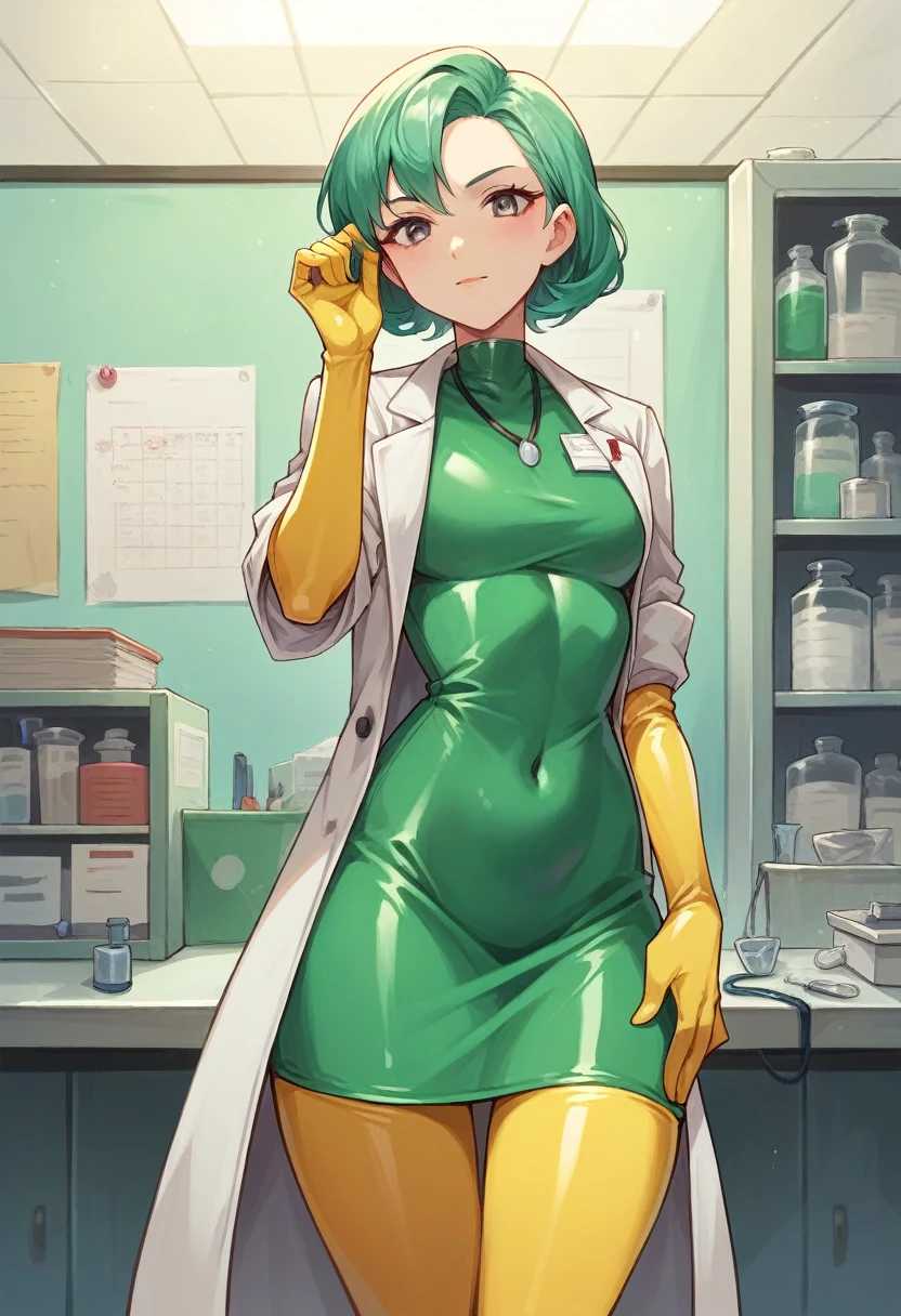 1girl, ((yellow elbow gloves)), ((surgical gloves)), ((latex gloves)), ((long sleeves)) ((green surgeon outfit)), looking at viewer, ((doctor)), standing, solo