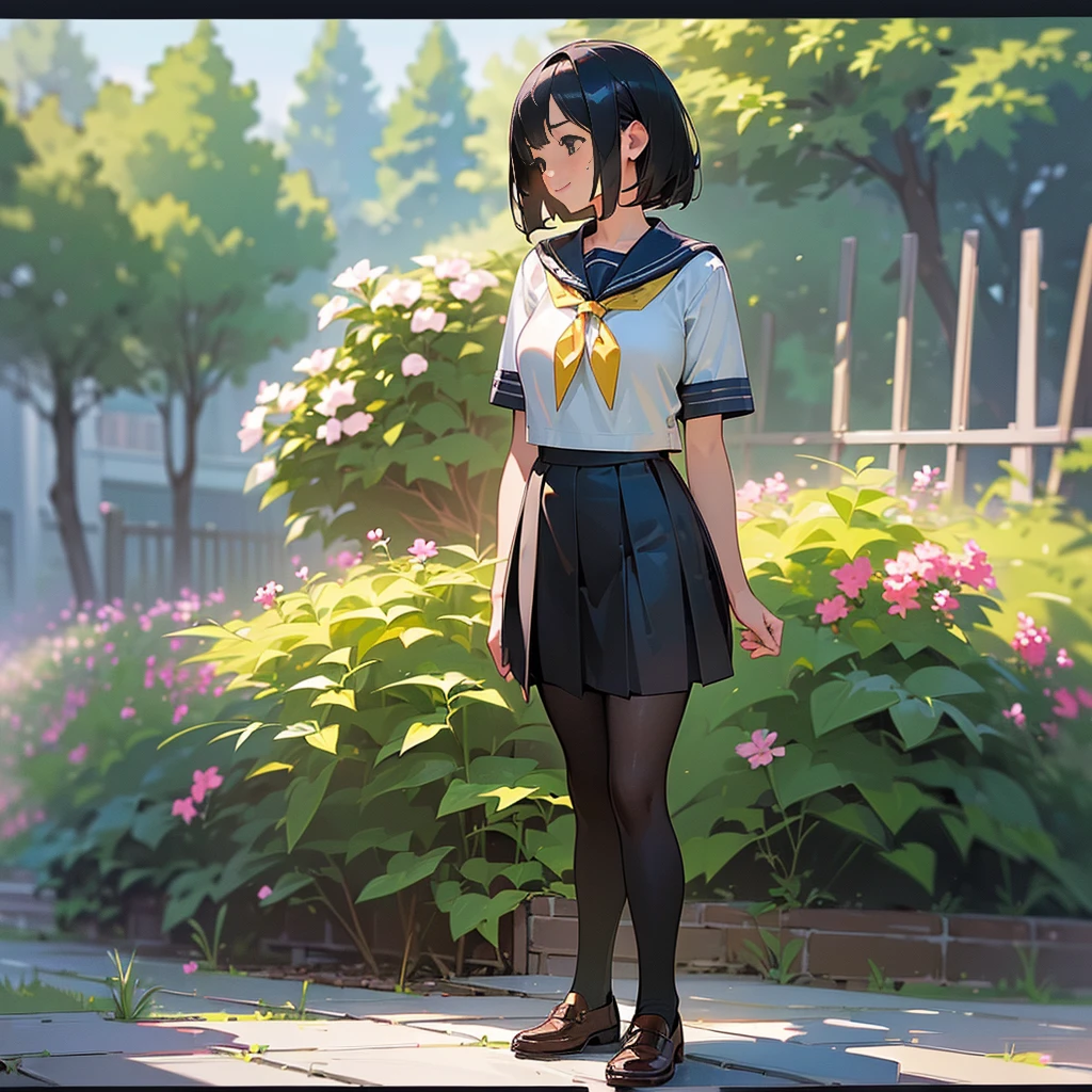 (Highest quality, High resolution, Super detailed, Realistic:1.37), Peaceful atmosphere, (Outdoor, garden), Teenage girl standing alone,(my breasts are big.),Beautifully detailed features, Cute Smile, ((Black bob hair)),Short-sleeved sailor uniform, Pleated skirt,Black tights,Brown leather shoes.