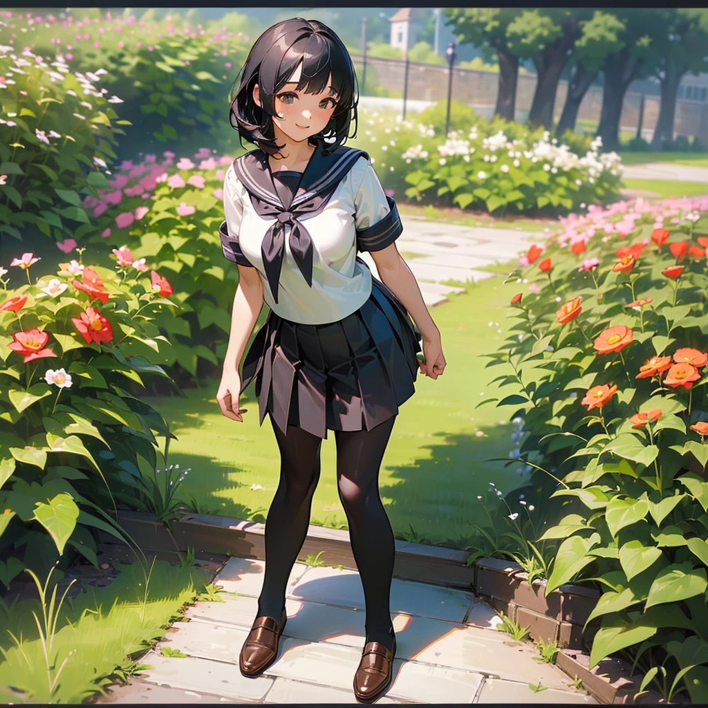 (Highest quality, High resolution, Super detailed, Realistic:1.37), Peaceful atmosphere, (Outdoor, garden), age girl standing alone,(my breasts are big.),Beautifully detailed features, Cute Smile, ((Black bob hair)),Short-sleeved sailor uniform, Pleated skirt,Black tights,Brown leather shoes.