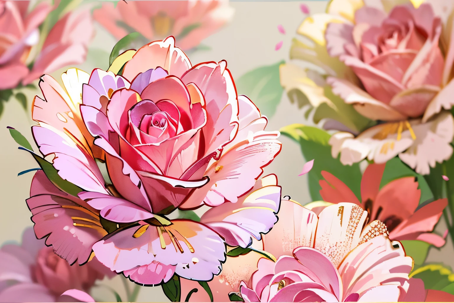 there is a picture of a pink rose with many flowers, 🌺 cgsociety, 8k high quality detailed art, detailed digital painting, detailed flowers, digital painting | intricate, high detailed), rose background, high detail digital painting, background artwork, roses, glossy digital painting, over detailed art, [ 4 k digital art ]!!, 4 k highly detailed art