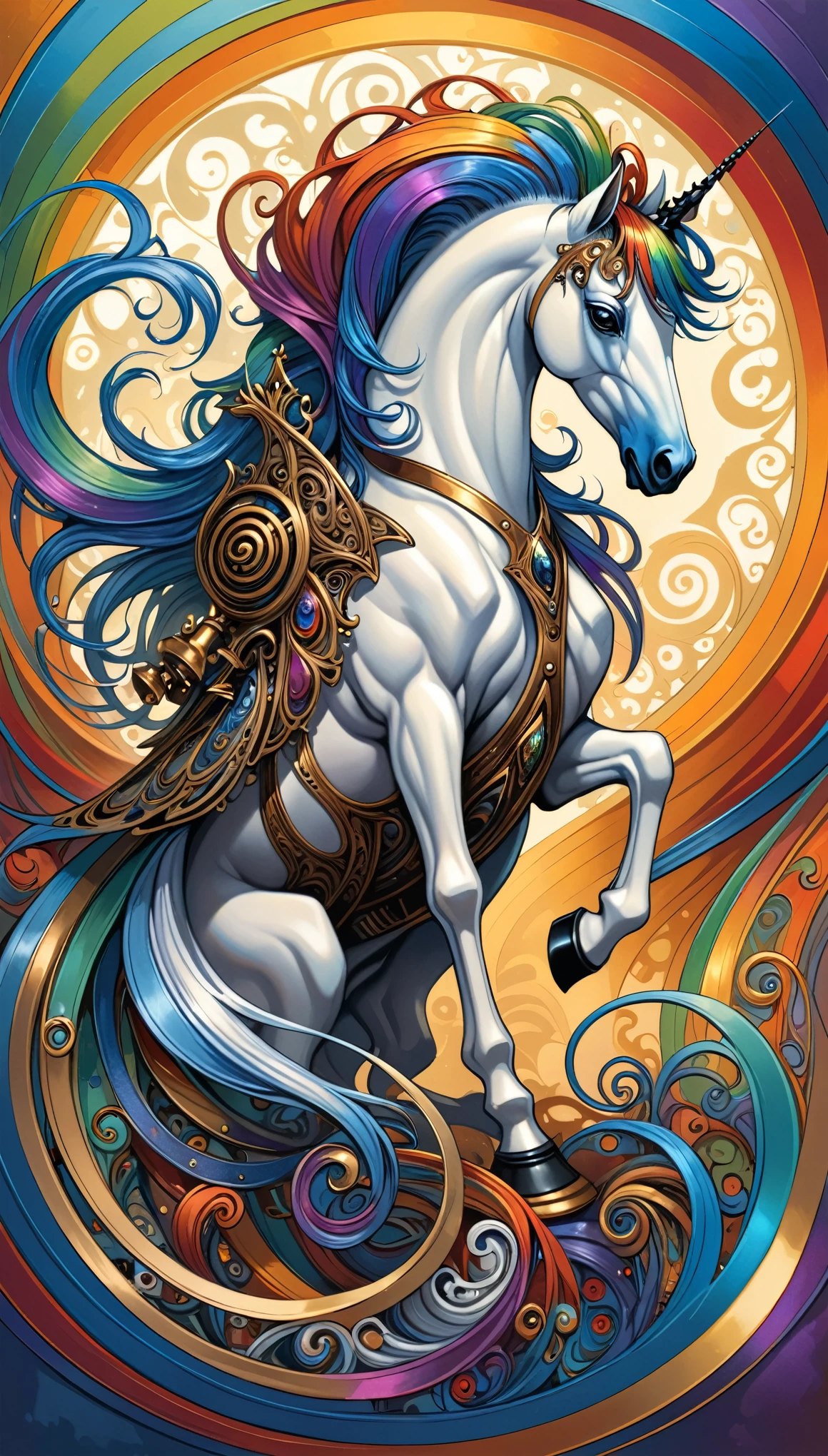 (in style of Aaron Horkey:1.4),
1girl,
queen \(chess\),rainbow pony,metal spiral sharp corners,