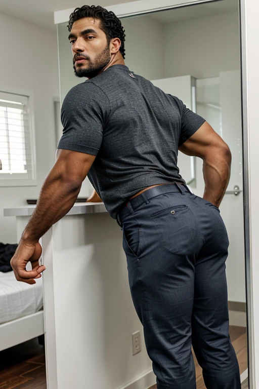 A Hispanic black man with a face that looks like Henry Cavill. black man, His body is muscular and he has a toothed beard.. Big Butt, in a moment of reflection. full body. Fajada shirt, semi formal clothing, grey pants, backside.
