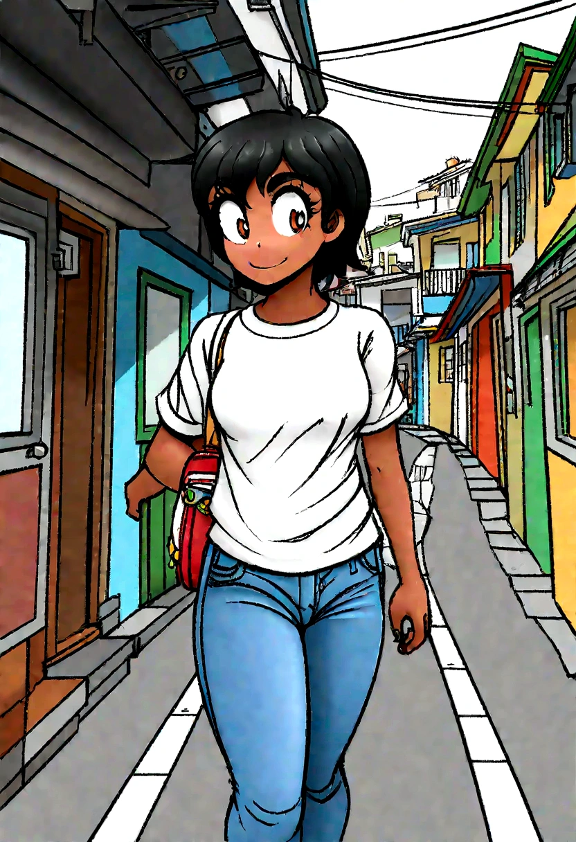 ((animated cartoon)), (panoramic illustration), 2 black children, white shirt, jeans, on the way to school in the favela of Rio de Janeiro, digitl art, cryalism, criolism