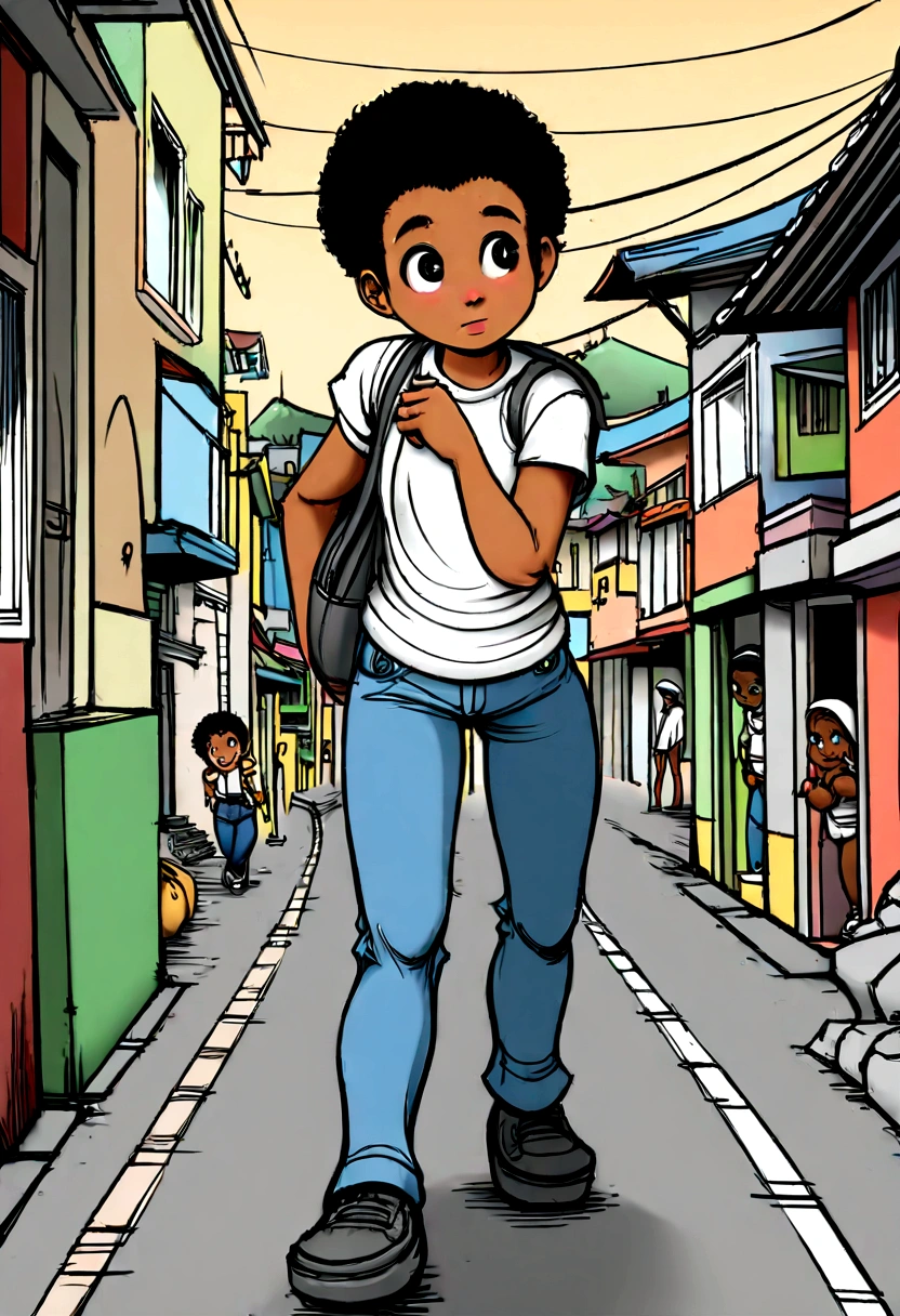 ((animated cartoon)), (panoramic illustration), 2 black ren, white shirt, jeans, on the way to school in the favela of Rio de Janeiro, digitl art, cryalism, criolism