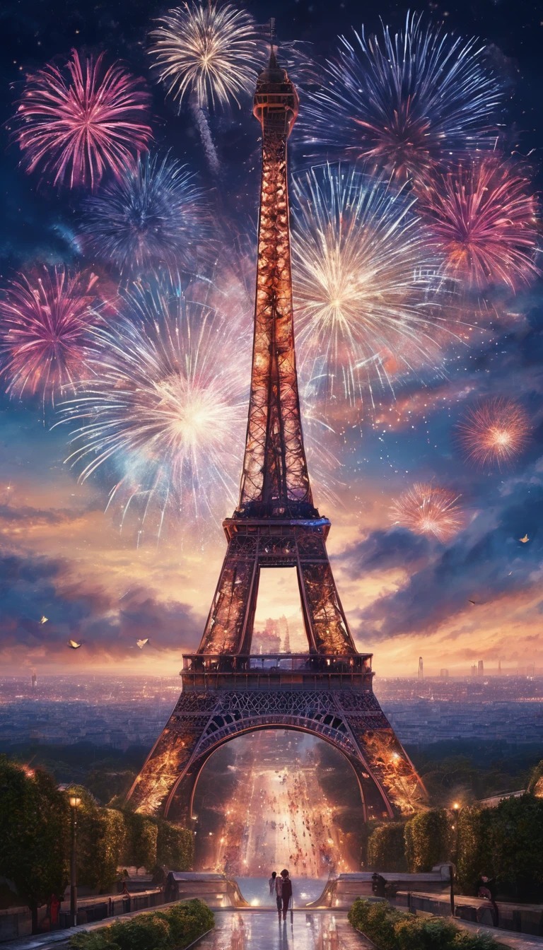 ((2024 Logo, Firework Symbolism surround the word 2024)). (masterpiece), (best quality), (Extremely detailed), Art, Surrealism, Impressionism, Dreamy atmosphere, Impressionism风格, An iconic landmark of Paris emerges as a whimsical dreamscape. A colorful firework on the Sky, can see the Eiffel Tower at the end of the road, ((Multiple boys, Sky, cloud, 2 boys, Bag, From the back, Star (Symbolism), Star (Sky), new year ,2024, template, Background overlooking the city&#39;s architecture and vibrant culture)) Surrealism的转折. Fireworks at night. Paris, Eiffel Tower, Vincent van Gogh《starry night》的宇宙色彩与萨尔瓦多达利的Surrealism天体精确性, Echoing Turner&#39;s atmosphere, blurring the line between reality and fantasy and fireworks in Sky. Happy 2024 年new year, 2024 年new year, permanent, Male focus, outdoor.