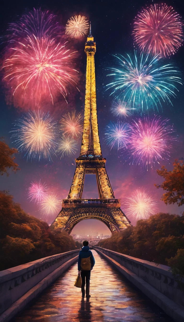 ((2024 Logo, Firework Symbolism surround the word 2024)). (masterpiece), (best quality), (Extremely detailed), Art, Surrealism, Impressionism, Dreamy atmosphere, Impressionism风格, An iconic landmark of Paris emerges as a whimsical dreamscape. A colorful firework on the Sky, can see the Eiffel Tower at the end of the road, ((Multiple boys, Sky, cloud, 2 boys, Bag, From the back, Star (Symbolism), Star (Sky), new year ,2024, template, Background overlooking the city&#39;s architecture and vibrant culture)) Surrealism的转折. Fireworks at night. Paris, Eiffel Tower, Vincent van Gogh《starry night》的宇宙色彩与萨尔瓦多达利的Surrealism天体精确性, Echoing Turner&#39;s atmosphere, blurring the line between reality and fantasy and fireworks in Sky. Happy 2024 年new year, 2024 年new year, permanent, Male focus, outdoor.