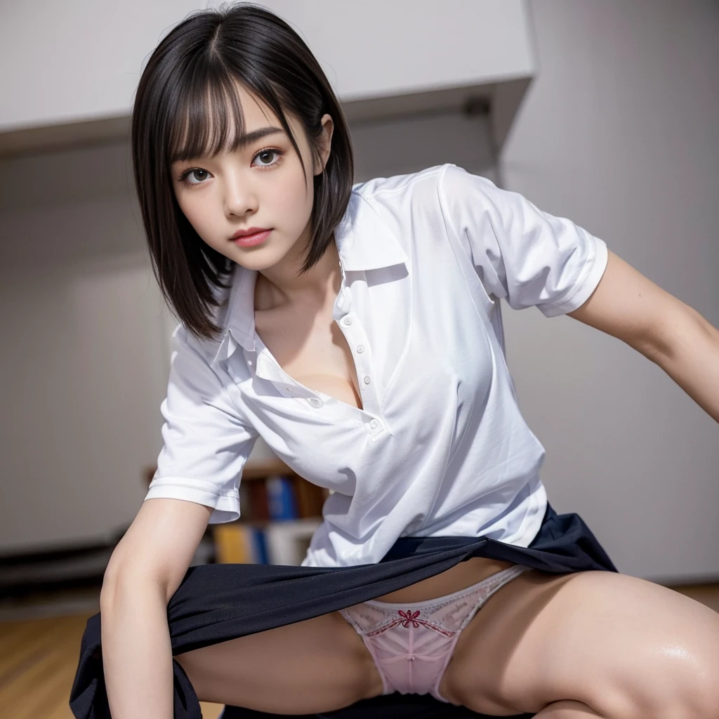 high quality, masterpiece, Very detailed, 8K, Two beautiful  Japanese girls:1.5, Small face, blunt bangs, Black Hair, short hair、　Breast Augmentation Surgery, (Detailed High School Uniforms:1.5), squat、　Spread your legs, ((A woman rolling up her skirt)), ((From below:1.1)), ((Panties close up:1.26))