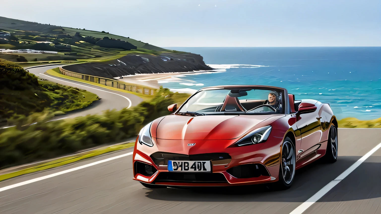 An American couple driving a convertible sports car on a road near the sea，Behind is the sea，