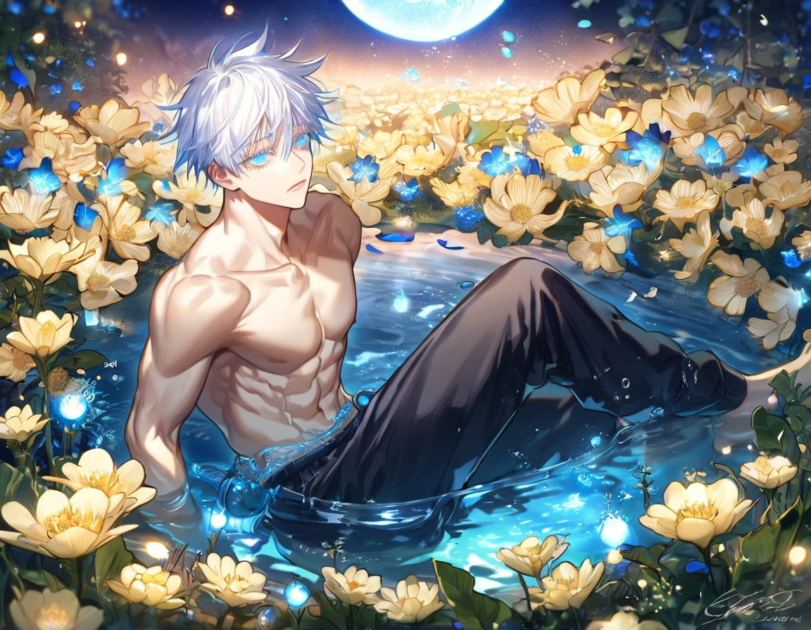 absurdres, highres, ultra detailed, HDR, master piece, Gojou Satoru, white hair with bangs, expressive blue eyes, white eyelashes, without shirt, Jujutsu Kaisen, sexy man, handsome, best quality, blue moon, flowers, fantasy, magical, solo, water, blue shining fireflies, blue petals, sitting, toned chest, bare chest, black shorts