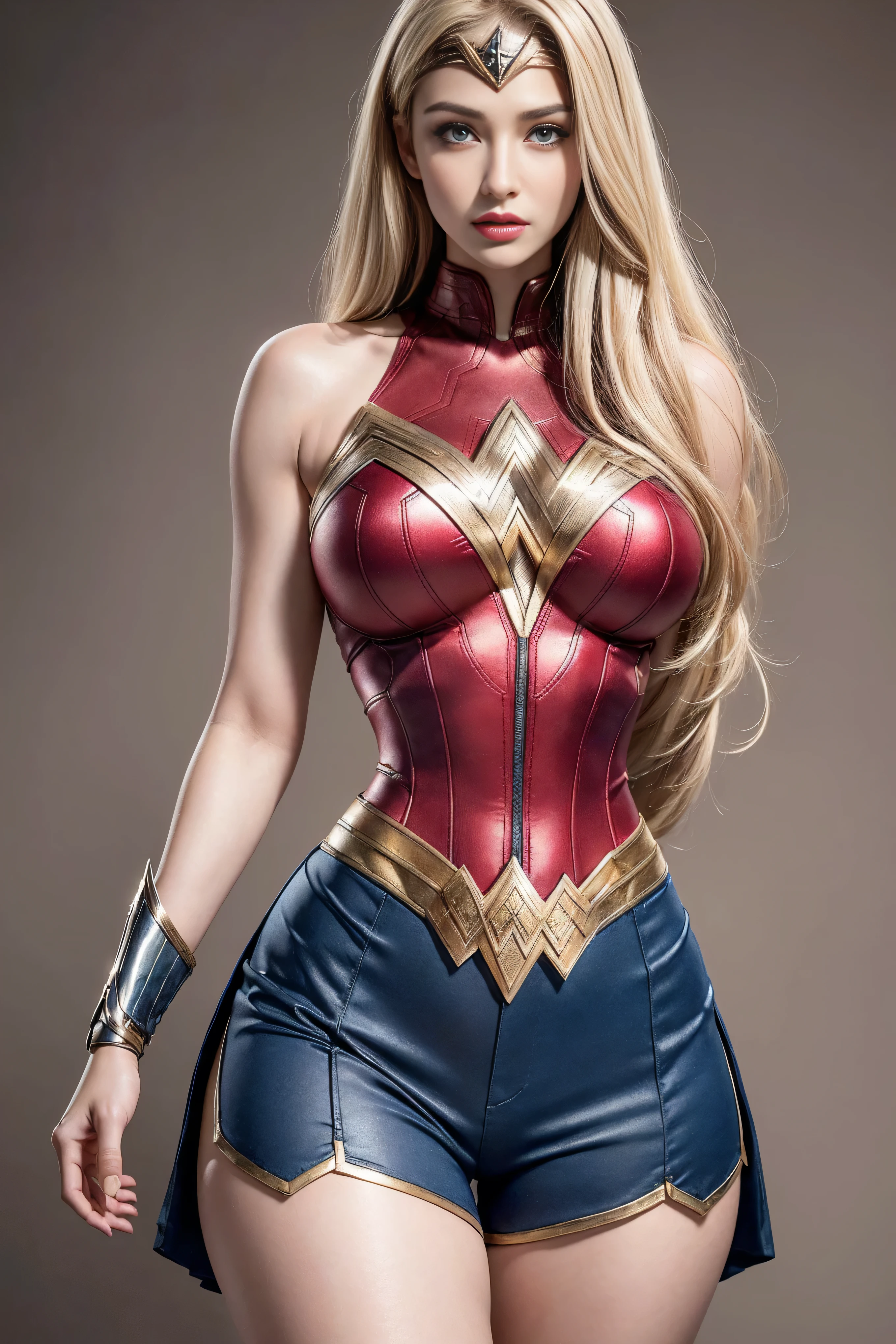 1 girl, (((17 years))), (((Perfect body))), masterpiece, best quality, 8K, Extremely detailed skin texture, Extremely detailed fabric texture, Beautiful and delicate face, (((Extremely beautiful))), Intricate details, Extremely detailed, ((Wonder Woman imitates Captain America)), (((straight blonde hair))), Extremely beautiful blonde, (((Extremely detailed long hair))), big red hairtie, Ponytail, Dynamic poses, ((Clothes that show thighs)), (Extremely detailed legs), ((shorts)), ((skirt)), (((Wide hips))), (Extremely detailed thick thighs), Sexy, Seductive pose, (((Extreme hourglass figure))), Extremely detailed deep red lipstick, Extremely detailed lips, Extremely detailed blue eyes, Beautiful appearance, (Slanted eyes), Extremely detailed provocative mouth, Extremely beautiful seductive lips, blush, Professional Makeup, Eyeshadow.