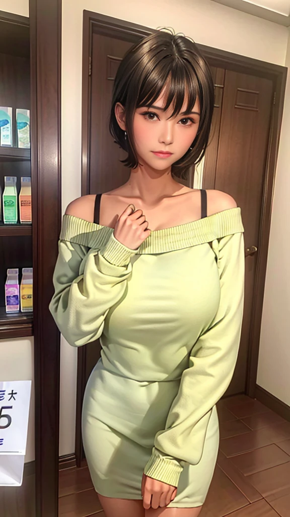 (8K, highest quality, masterpiece:1.2),(highest quality:1.0), (ultra high resolution:1.0), Off-shoulder thin sweater dress、Standing in line at the cash register、shopping、A woman who came to buy condoms、In front of the cash register、Pov, embarrassed face、blush、looking down、Waiting for wallet and box of condoms、