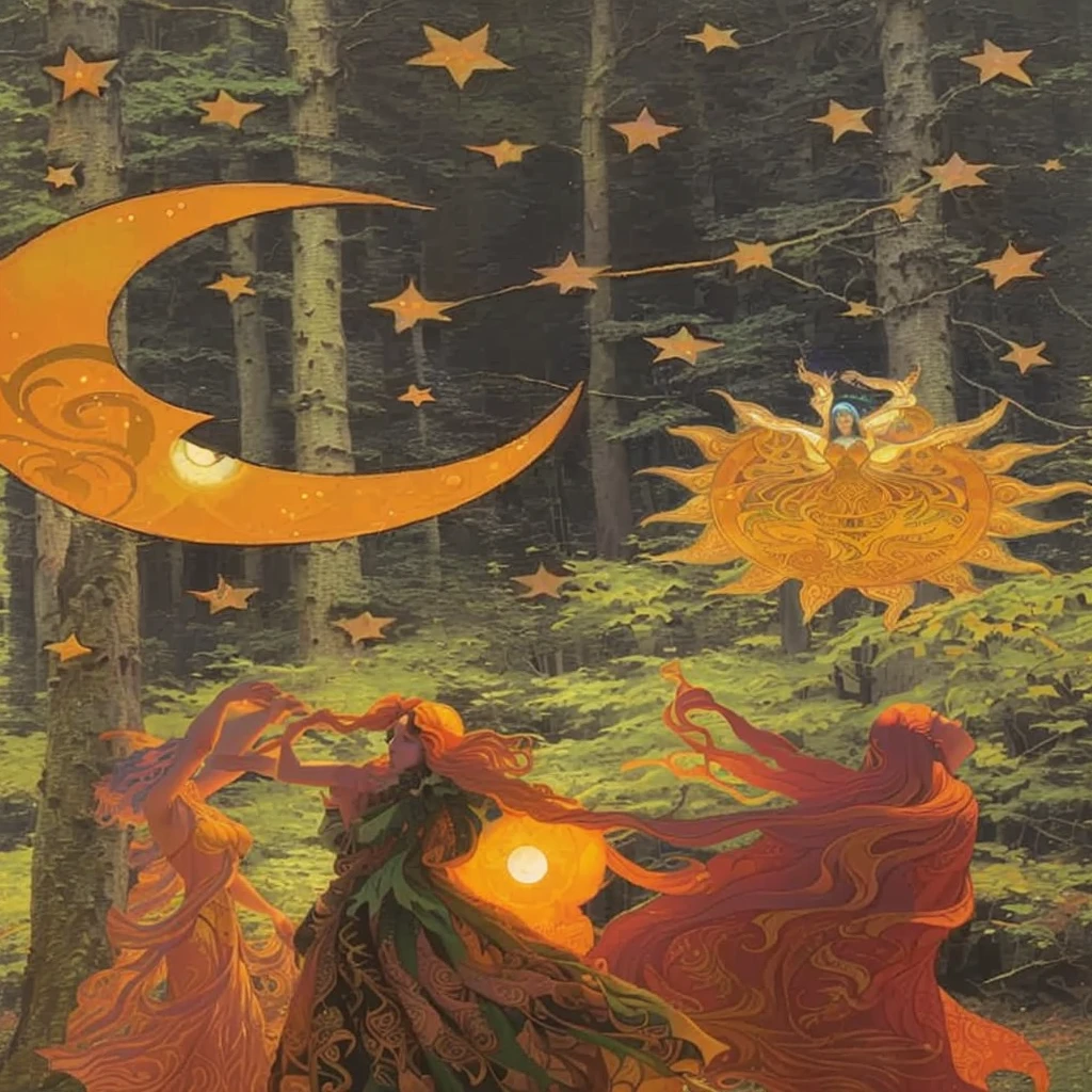 there are three women dancing in the forest with sun and moon, wearing psychedelic wicca, intricate details of the Wiccan scene, inspired by Leo and Diane Dillon, solar beings, nocturnal spiritual scene, Digitale Collage, The Three Suns, inspired by Georges Lacombe, the moon and the stars, the moonlight dance of the fairies, stars and moon themed, tarot art