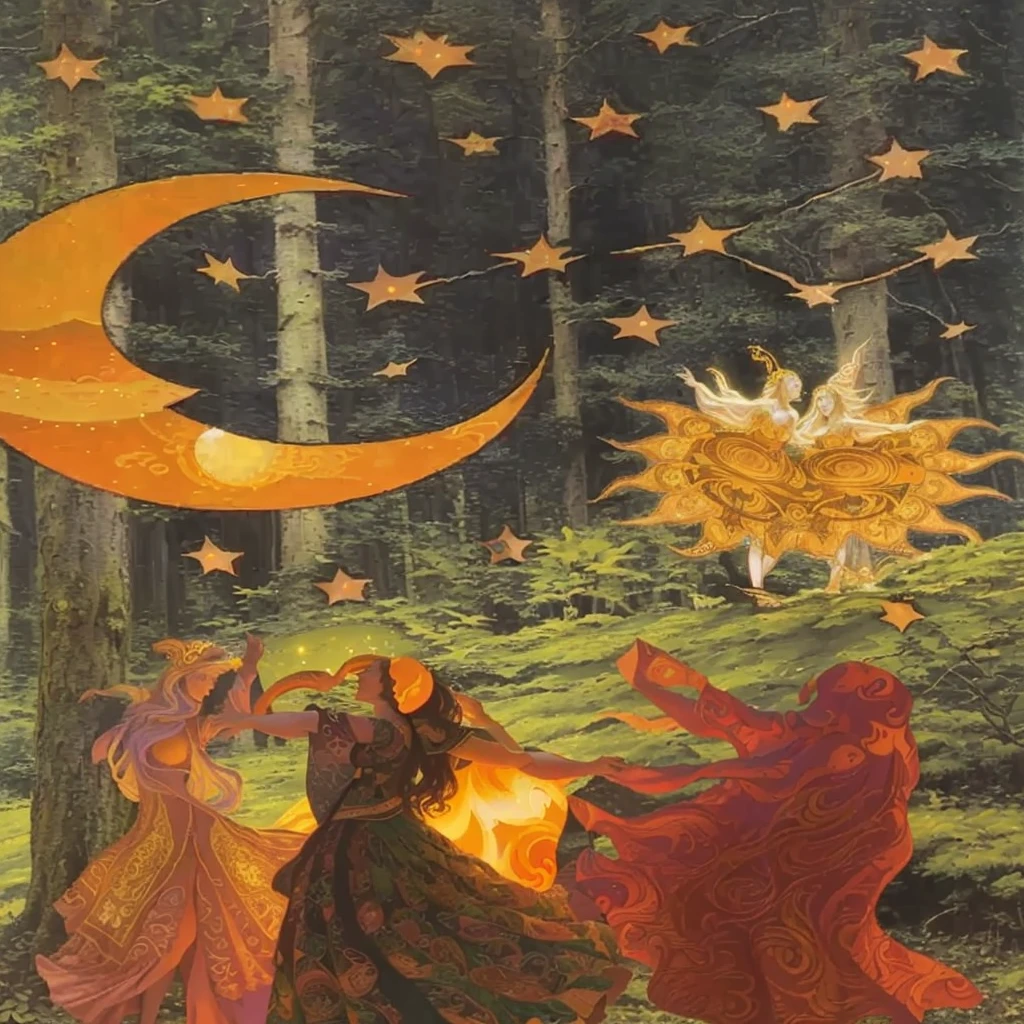 there are three women dancing in the forest with sun and moon, wearing psychedelic wicca, intricate details of the Wiccan scene, inspired by Leo and Diane Dillon, solar beings, nocturnal spiritual scene, Digitale Collage, The Three Suns, inspired by Georges Lacombe, the moon and the stars, the moonlight dance of the fairies, stars and moon themed, tarot art