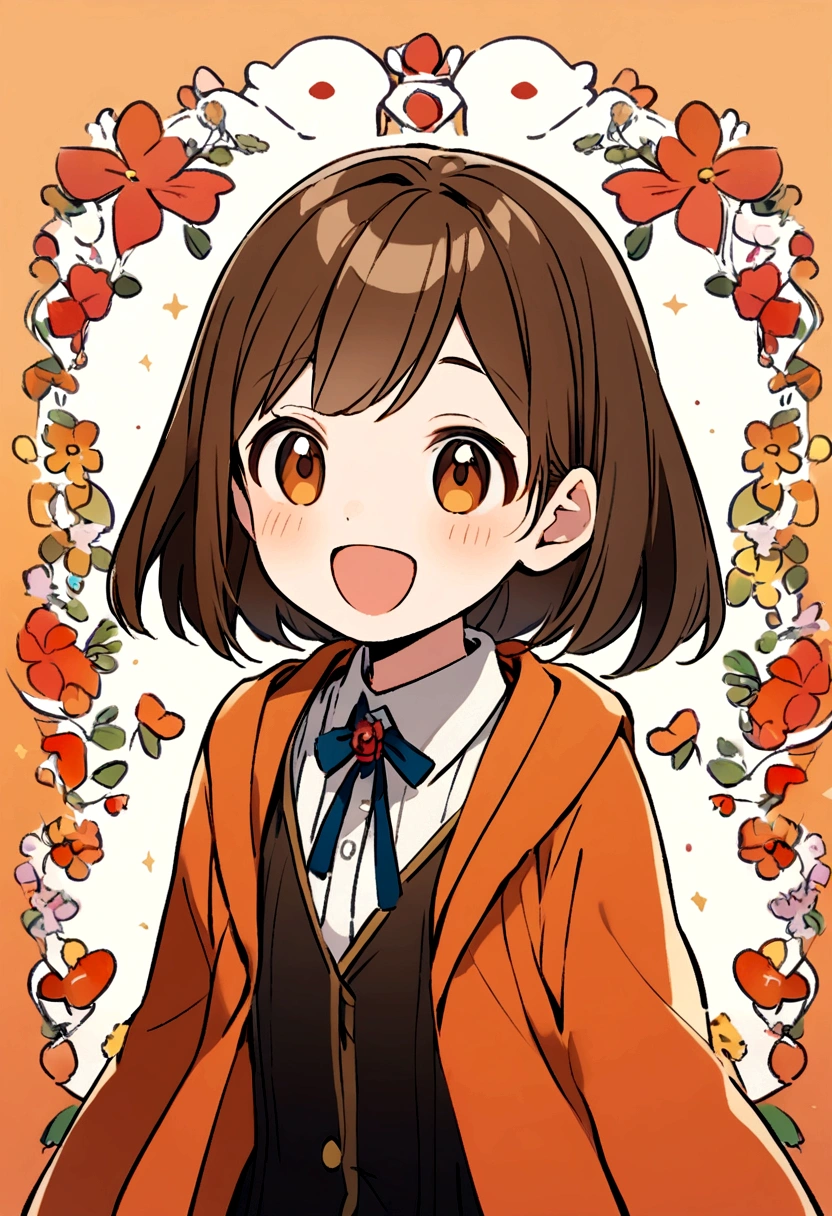 create an 11 year old character with brown hair and very happy