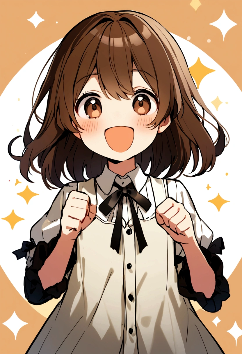 create an 11 year old character with brown hair and very happy 