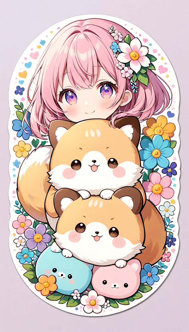 Cute stickers, Big round little animal, Sparkling eyes and a kind smile. soft, Pastel fur. Small creatures、Dainty, Heart-shaped flowers in complementary pastel colors, Enhance the overall appeal of the sticker.The white background、It provides the perfect canvas for these adorable creatures., The pastel color features are eye-catching、Eye-catching. The sticker designs exude a warm and playful energy., Adds a lovely accent to any piece.