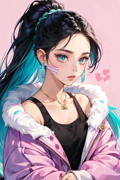 She is a thin, dark skinned girl. Her hair is tied into to ponytails, with many braids. She has minimal makeup, with gold eyeshadow. She also has a plum colored lipstick she wears, that is glossy. Her tail is almost identical to Jordie’s, having a tie at the top. She has a striped pattern on her tail, that consists of teal, pink, and white.

She wears a stripe face mask that has pink, white, and teal stripes. She wears dangly Pom Pom earrings, and she wears a chain heart necklace. She also wears a tank top with a casual jacket with fur at the cuffs over her tank top. . SPARKLE; GLITTER