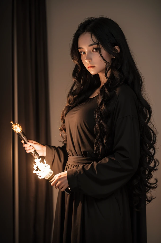 Goddess with long dark curly hair, wearing black clothes, holding a torch in his right hand, keys hanging from your waist and black dogs around you