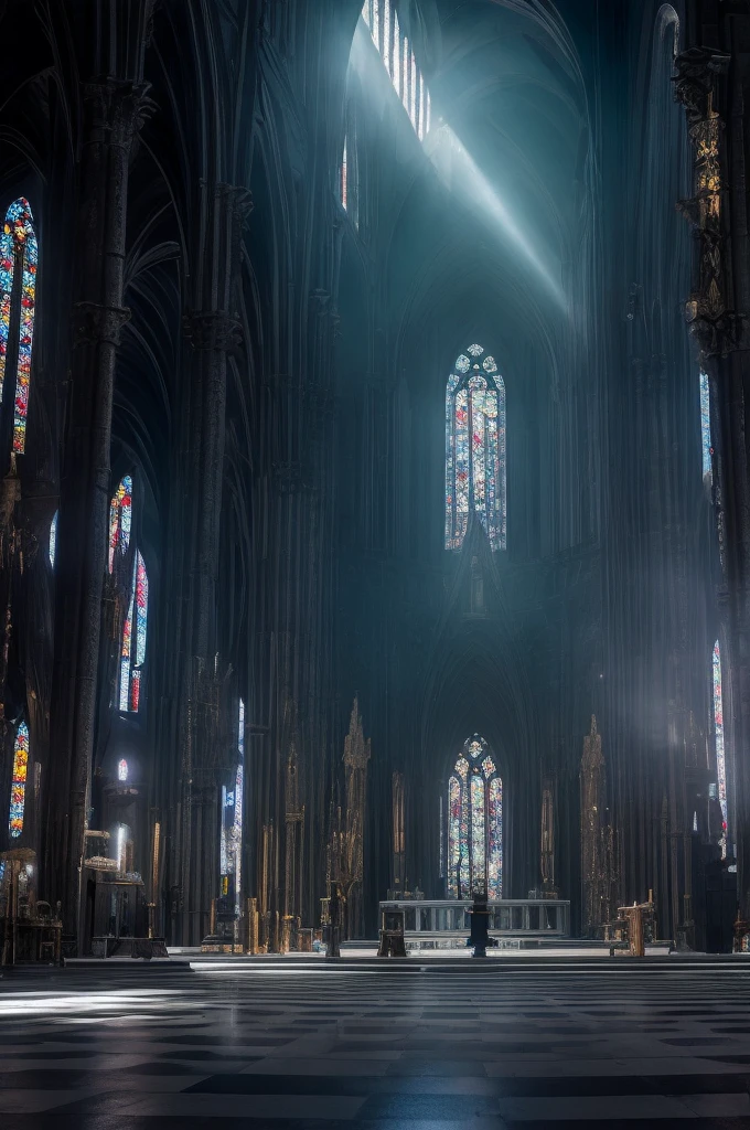 (best quality,4K,8K,height,Masterpiece:1.2),dark fantasy,บรรยากาศเหมือน Dark Souls,Fight bosses with dynamic battles,Detailed atmosphere,moonlight scene,Two swords.,terrible atmosphere,cathedral,holy temple,Inside the temple,altar, man in black robe, ยืนอยู่กลางcathedral , The man looked mysterious.