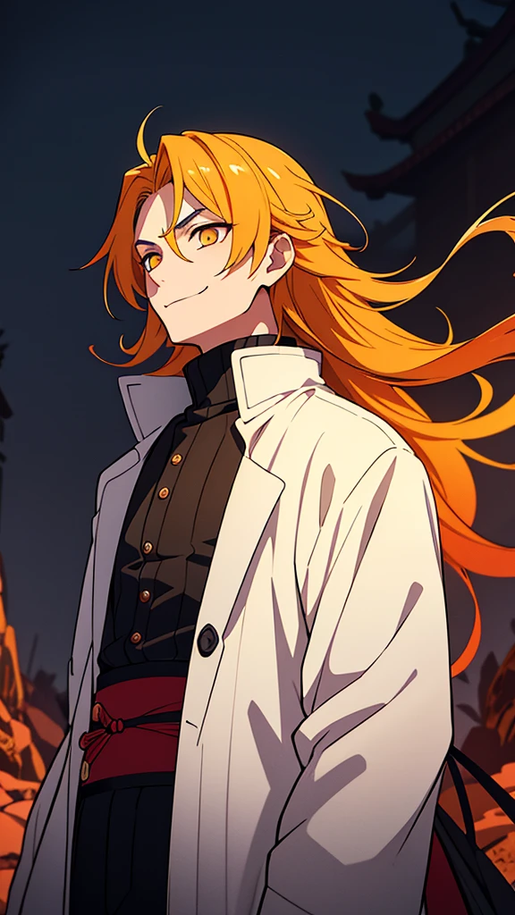 taisho period Japan man, dark aesthetic, darkwave aesthetic, grunge aesthetic, eerie moorlands behind him, dark aesthetics, eerie thriller aesthetic, dark and moody aesthetic, ominous, bright yellow hair, bright orange eyes, wolfcut, Kyojuro Rengoku, white turtleneck sweater, demon slayer, kimetsu no yaiba, confident expression, long hair, black open jacket, solo, reference art, 20-year-old male, black open trench coat, yellow long flowy hair, stubble, 30-year-old male, smile, white turtleneck
