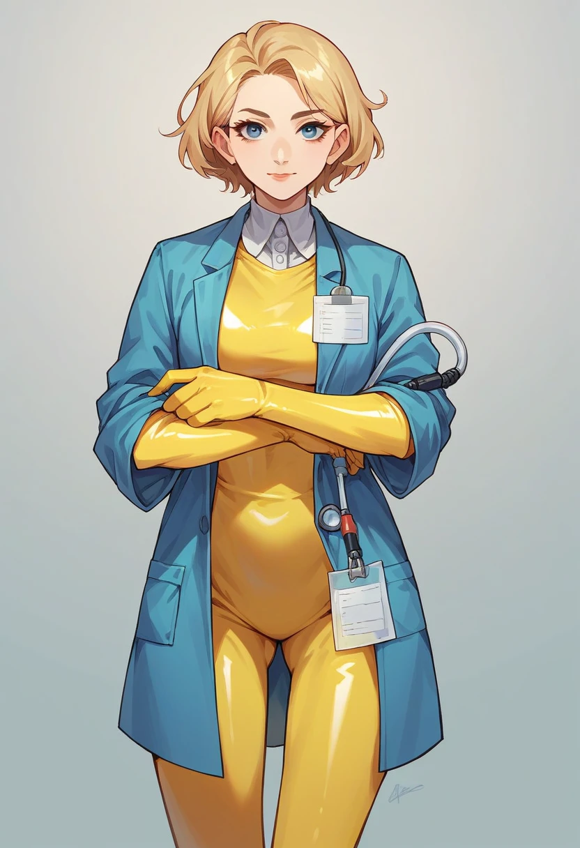 1girl, ((yellow elbow gloves)), ((surgical gloves)), ((latex gloves)), ((long sleeves)) ((blue surgeon outfit)), looking at viewer, ((doctor)), standing, solo